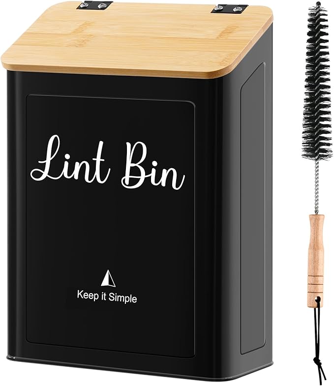 SUBEKYU Metal Magnetic Lint Bin for Laundry Room, Wall Mounted Lint Box Holder with Lid for Dryer,Laundry Room Organization and Storage,Bamboo Lid Lint Basket,Black