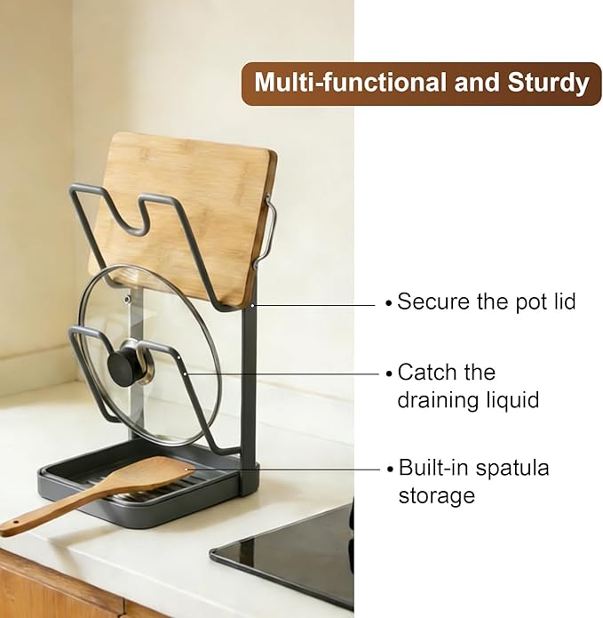 Pot Lid Holder,304 Stainless Steel Pot Lid Holder While Cooking,Kitchen Pot Lid Storage Rack, Removable Drip Tray, Multifunctional Kitchen Organizer Stand for Countertop (Gray, Single-layer)
