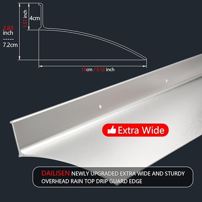 Heavy-Duty 5.12" W 55.1" L Door Rain Drip Guard Overhead,Aluminum Drip Cap for Exterior Doors Window Top,Rain Drip Edge Flashing,Water Deflector,Rain Diverter,Anodized Silver 1PCS