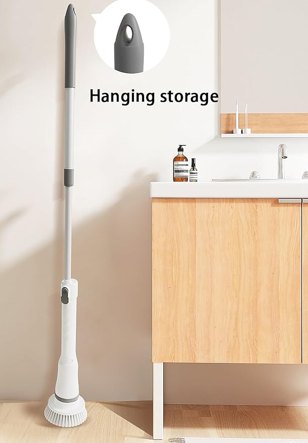 Cordless Cleaning Brush, 6 Replaceable Scrubber Heads & 2 Adjustable Speeds Electric Spin Scrubber Brush, Power Shower Scrubber with Long Handle Bathroom