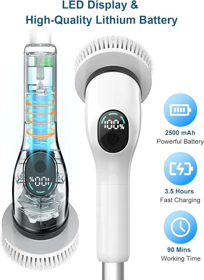Electric Spin Scrubber, 2024 Upgrade Cordless Shower Scrubber with 8 Replaceable Brush Heads and 3 Adjustable Speeds, LED Screen and Extension Handle (Black)