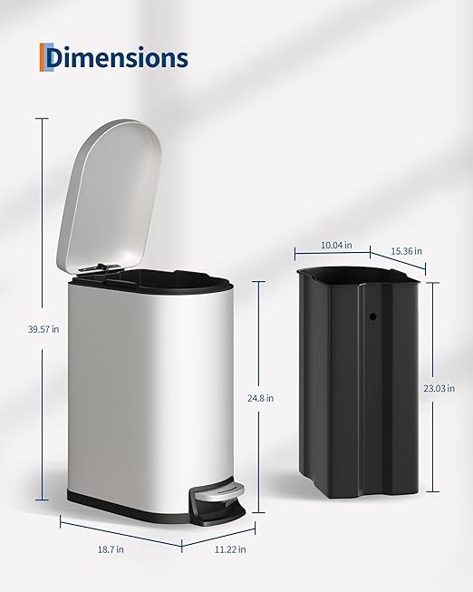 Stainless Steel Bathroom Trash Can with Lid, Slim Waterproof Garbage Can, Small Step-on Metal Trash Bin with Soft Close Lid, Inner Bucket & Rear Handle for Bathroom, Bedroom, Kitchen