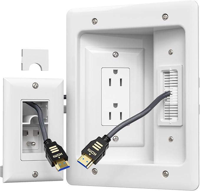 TV Cord Hider for Wall Mounted TV, in-Wall Cable Management Kit, Outlet Box– Dual Outlet Cord Hider with Power & Low Voltage Support, Includes Drywall Saw, Template & Extension Cable