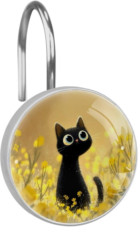 12 Packs Cute Cat in the Flowers Shower Curtain Hooks, Stainless Steel Glass Shower Curtain Rings for Bathroom Decor, Metal Rustproof Curtain Rod Hooks