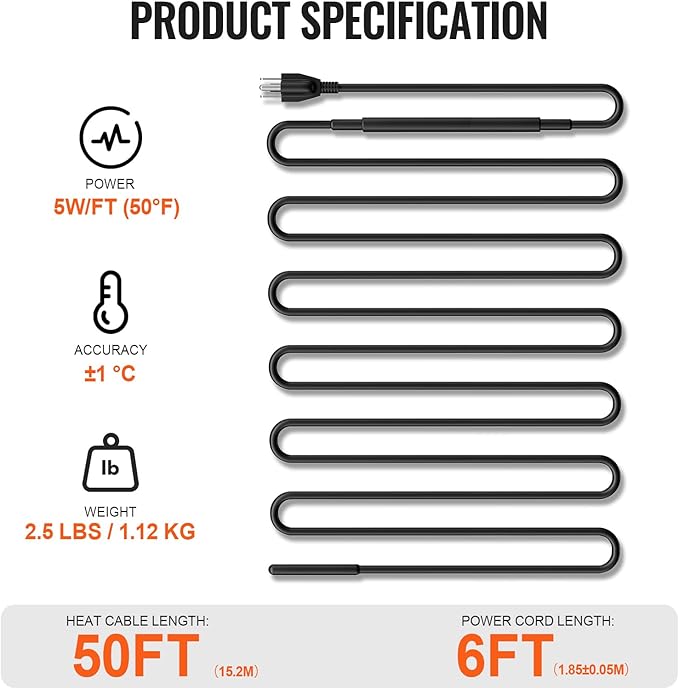 VEVOR Self-Regulating Pipe Heating Cable, 50FT 5W/FT Heat Tape for Pipes, Roof Snow Melting De-icing, Gutter and Pipe Freeze Protection