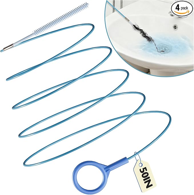 4 Pack Snake Drain Hair Removal Tool, Reusable Drain Snake Hair Drain Clog Remover Tool, 50 Inch Anti-break Steel Shower Drain Snake for Bathtub, Bathroom Sink Drain Unclog