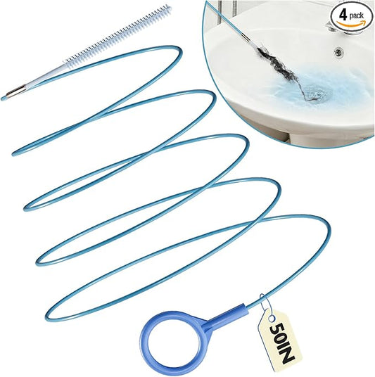 4 Pack Snake Drain Hair Removal Tool, Reusable Drain Snake Hair Drain Clog Remover Tool, 50 Inch Anti-break Steel Shower Drain Snake for Bathtub, Bathroom Sink Drain Unclog
