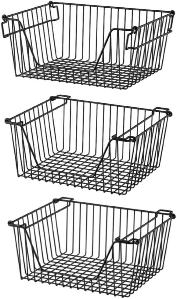 Slideep Wire Storage Baskets, Freezer Baskets Farmhouse Stackable Organizer Storage Bins Large Organizer for Storage, Office, Bathroom, Pantry Organization Storage with Handles 14" Black -Set of 3