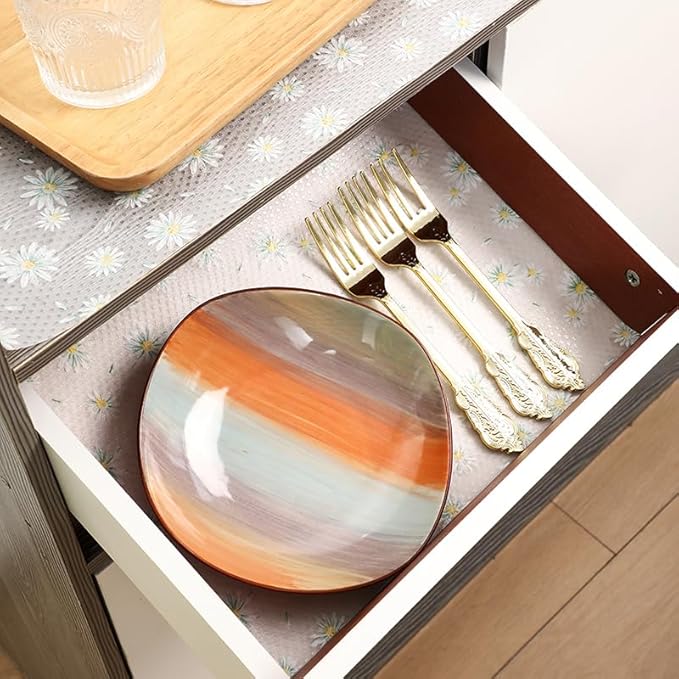 Daisy Flower Shelf Liner for Kitchen Cabinets, Non-Adhesive Drawer Liners, Non-Slip Refrigerator Mat, Washable EVA Cabinet Liner for Pantry, Fridge, Closet, Cupboard