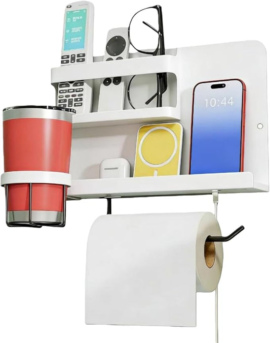 Floating Shelves for Bedside, Self Stick On Wall Mount Shelf Organizer with Hooks, Cute Room Decor Aesthetic, Multi-Functional Storage for Bedroom, Office, No Drilling Adhesive Hanging Shelf (White)