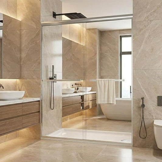 Glass Shower Door 44–48 Inch W × 72 Inch H, Double Sliding Shower Door with 6mm Tempered Glass, Brushed Aluminum Shower Glass Door with Easy-Clean Coating