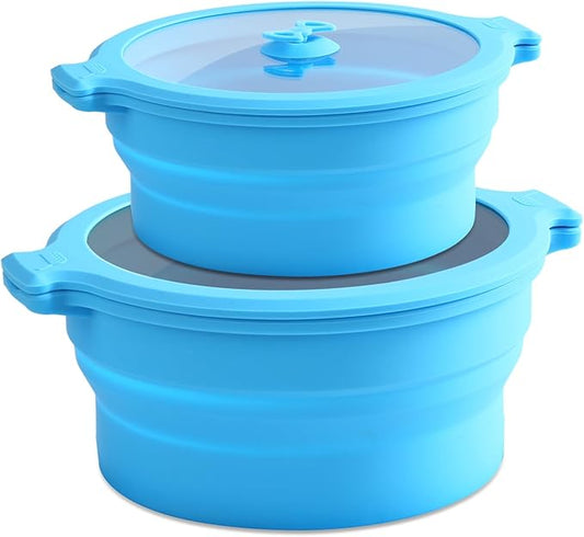 Collapsible Silicone Microwave Cookware Cooker Steamer for Cooking with Lids, 0.8L and 1.4L Glass Food Storage Container Sealed Bowl Mixing Bowls 2pc Set BPA Free