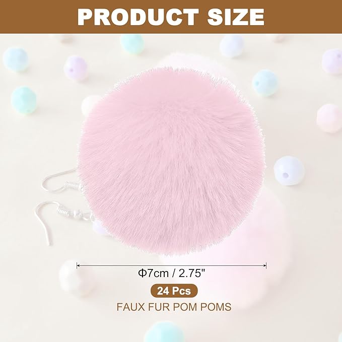 PATIKIL Faux Fur Pom Poms for Hats, 24 Pcs Fluffy Soft Fur Poms Balls with Elastic Loop for Keychain Knitting Hats DIY Scarves Gloves Bag Christmas, Pale Pink