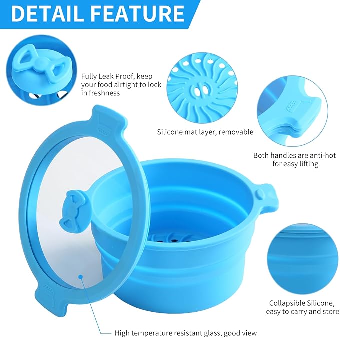 Collapsible Silicone Microwave Cookware Cooker Steamer for Cooking with Lids, 0.8L and 1.4L Glass Food Storage Container Sealed Bowl Mixing Bowls 3pc Set BPA Free