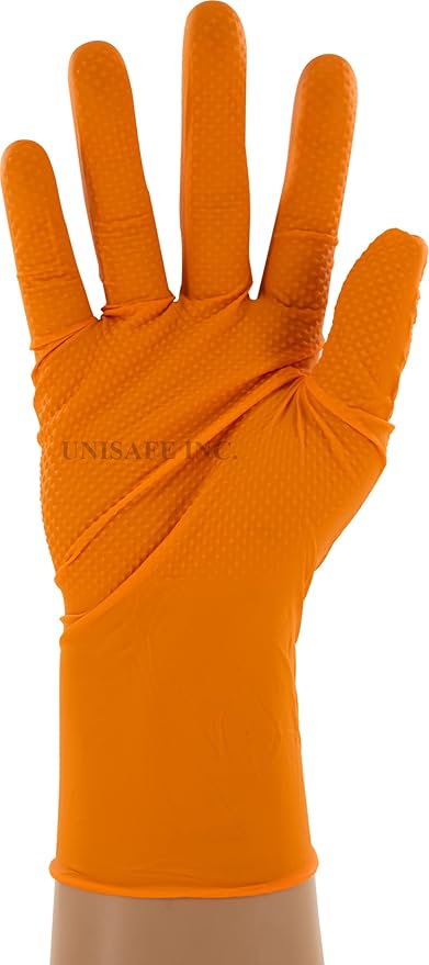Copperhead HD Orange Nitrile Disposable Gloves, 8 Mil, Latex and Powder Free, Industrial, Food Safe, Raised Diamond Texture