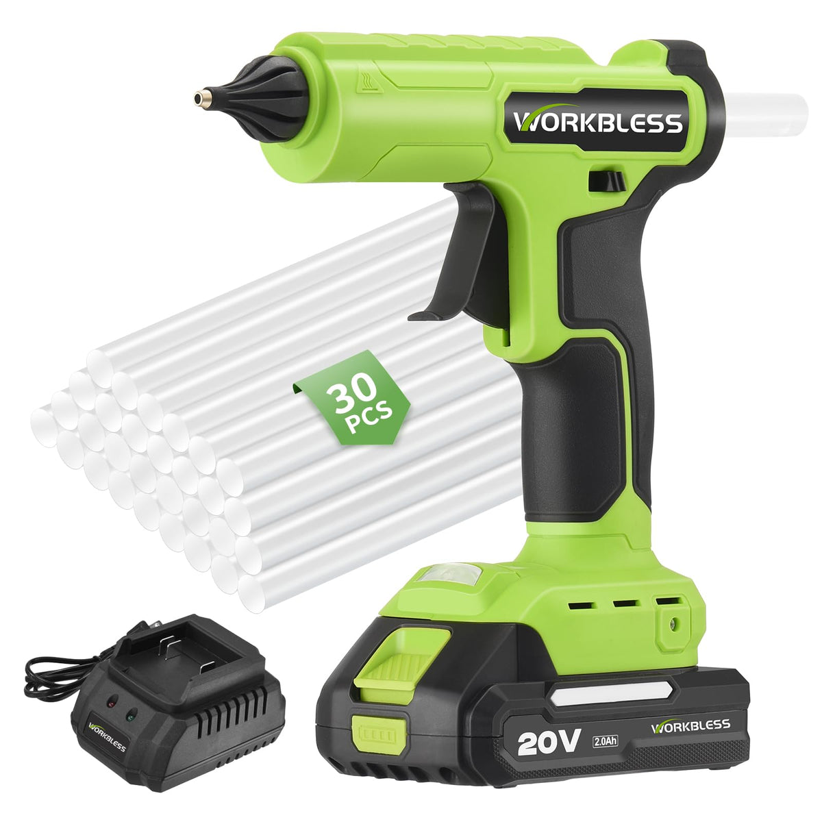 Cordless Hot Glue Gun 21V 2Ah Battery & Full Size Stick Set,Green - Image 1