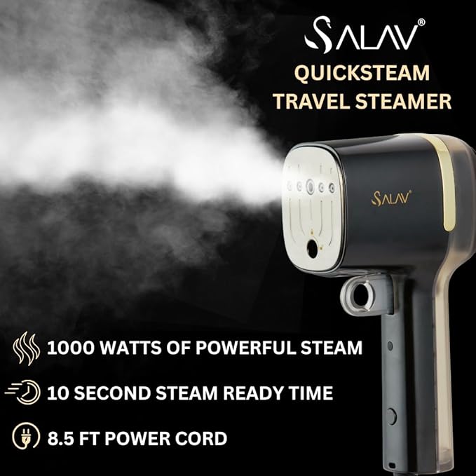 SALAV® Quicksteam Portable Travel Hand Held Garment Steamer for Clothes, 10 seconds Fast Heating Time, Removes Wrinkles on Clothes and Fabrics, No Drip Steam, Stainless Steel Plate