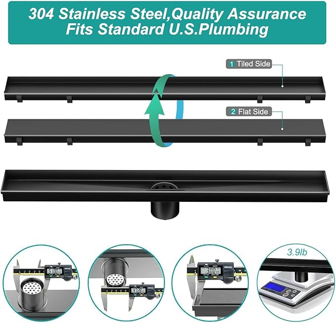 ELLO&ALLO 24 Inch Matte Black Linear Shower Drain, SUS304 Stainless Steel Rectangle Shower Floor Drain with 2-in-1 Flat & Tile Insert Cover