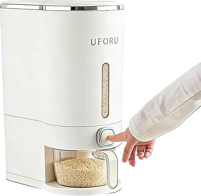 Rice Dispenser, Airtight Rice Storage Container with Measuring Cup for Kitchen Pantry, Cereal Dry Food Storage, Sealed Moisture Proof, White, 22 Lbs