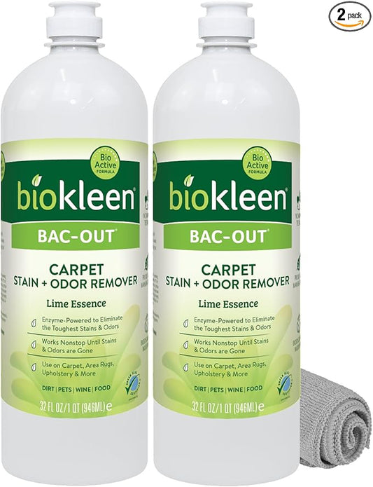 Biokleen Bac-Out Enzymatic Stain & Odor Remover for Carpet - Removes Stains and odors caused by dirt, pet accidents, wine, food, smoke - 2 Pack 32 oz w/Micro Cleaning Towel
