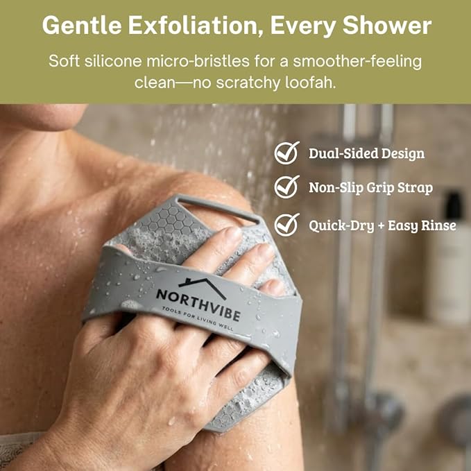 NORTHVIBE Silicone Body Scrubber for Shower, Soft Silicone Micro-Bristle Bath Brush, Loofah Alternative, Hand Loop Strap for Secure Grip, Quick-Dry Easy-Rinse Platinum-Cured Silicone (Charcoal)