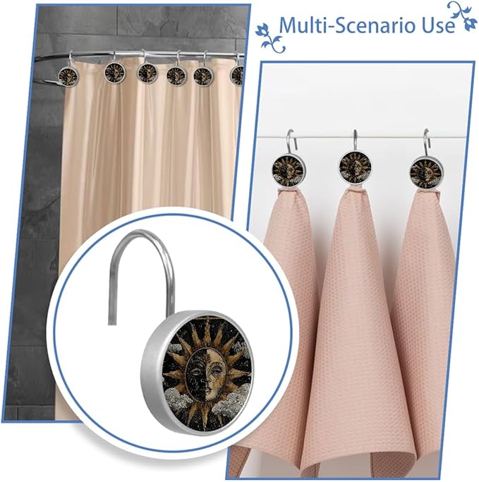 Vintage Boho Sun Shower Curtain Hooks, 12Pcs Abstract Rust Resistant Shower Rings for Shower Curtain Rods, Stainless Steel Round Curtain Hooks for Bathroom, Bedroom, Farmhouse