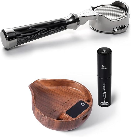 58mm Bottomless Portafilter (3-Ear, Black) & Wood Coffee Bean Scale and Spray Bottle (Walnut) Kit