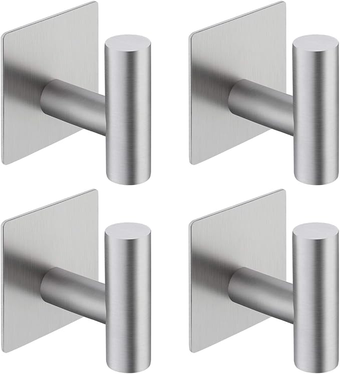 Adhesive Towel Hook 4 Pack, Bathroom Wall Hooks, Sticky Coat Hooks for Hanging, Closet, Robe Hook SUS304 Stainless Steel Brushed, BTH7204-2-P4