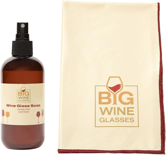Wine Glass Cleaner & Polishing Cloth Set | Organic Liquid Spray Soap + Microfiber Cleaning & Drying Towel | Streak Free and Spot Free Shine