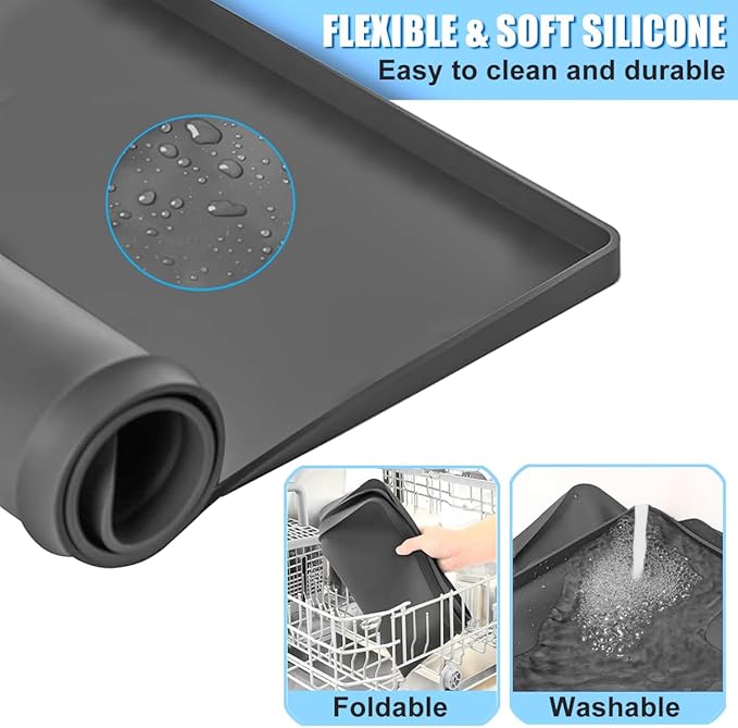 Washing Machine Pan Washer Drain Pan Silicone Mat, Washer Tray Soft Bottom Pad Under Dryer Drip Pan Floor Protector, 27x27 Inch Non-Slip Leak Pan Anti-Vibration Waterproof Washer Drip Tray (gray)