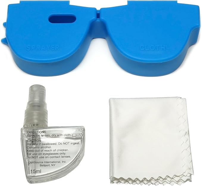 Calabria Kool Klean 2 Pack Eyeglasses Lens Cleaner Kit Blue/Green 15ml Cleaning Spray, White Cleaning Cloth Eyewear Cleaning