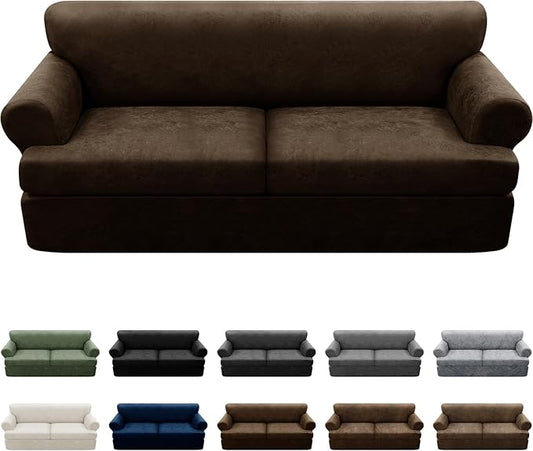 3-Pieces T Cushion Sofa Slipcovers Leather Look Couch Cover for 2 Cushion Couch Furniture Protector Stretch Sofa Cover with 2 Individual T Cushion Seat Covers Washable, Coffee