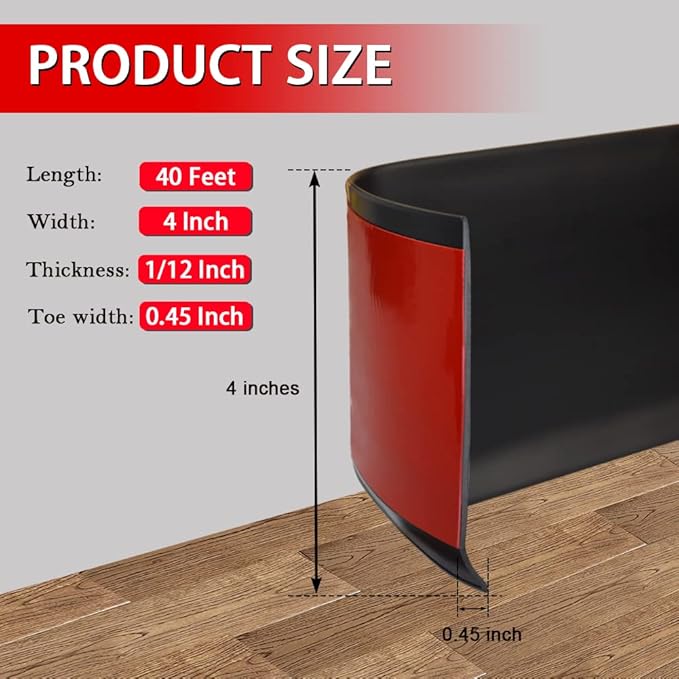 Vinyl Wall Base Baseboard Molding Trim 4" Flexible Self Adhesive Rubber Wall Base Moulding Trim Peel and Stick Design, 4 Inch x 40 Feet, Black