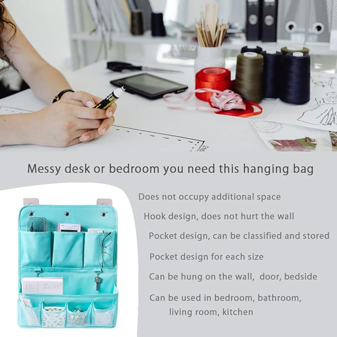 HSLFUAI Hanging Organizer with Pockets – Wall & Door Storage Bag with 3 Sticky Hooks – Hanging Storage Organizer for Bathroom, Bedroom, Closet, Dorm, Washing Table (2Layer, Blue)