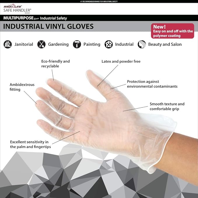SAFE HANDLER Industrial Vinyl Gloves | Latex Free, Powder Free, Multi Purpose, Cleaning, For Work or For Home, Disposable Gloves, 100 per box (1 box)
