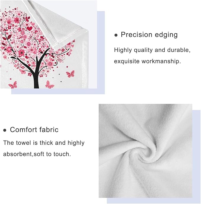 Pfrewn Pink Flowers Heart Tree Towels Set of 3 Romantic Love Spring Trees Butterfly Bathroom Towel Soft Absorbent Bath Hand Towels Washcloth Guest Towel Sets Mother's Valentine's Day Decorations