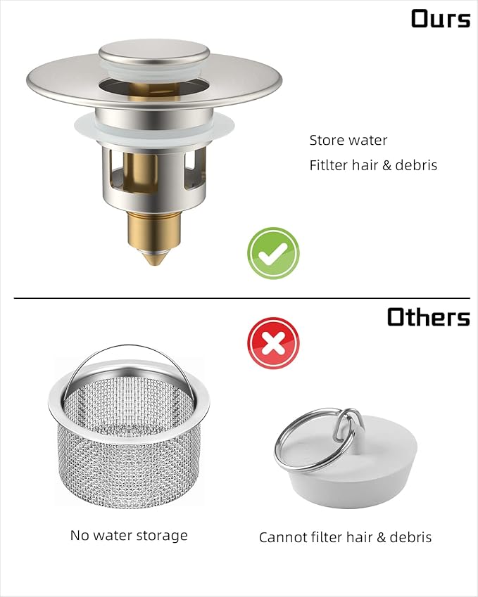 Hibbent All Metal Universal Bathroom Sink Stopper for 1.1''~2.3'' Basin, Pop Up Sink Drain Strainer, Brass Bullet Core Push Type Stopper, Stainless Steel Anti Clogging Drain Filter, Brushed Nickel