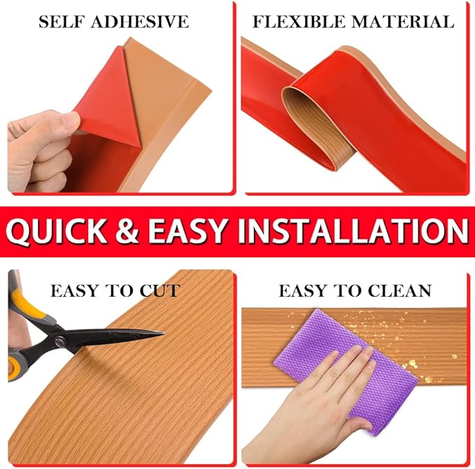 Vinyl Wall Base Baseboard Molding Trim 6" Flexible Self Adhesive Rubber Wall Base Moulding Trim Peel and Stick Design, 6 Inch x 100 Feet, Yellow Wood