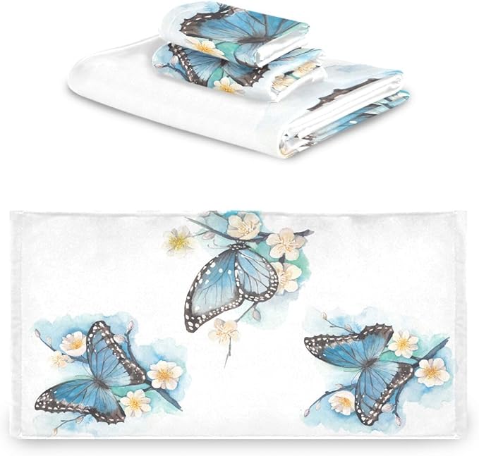 Blue Butterfly Bath Towels Set,Ultra Soft 3 Piece Watercolor Blossom Plum Branch Chic Floral Towels for Bathroom,1 Bath Towel 1 Hand Towel 1 Washcloth,Absorbent Decoractive Bathroom Towels