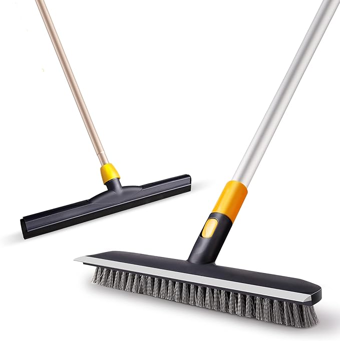 Yocada Floor Squeegee Scrubber and Floor Scrub Brush Set Telescopic Handle for Garage Courtyard Shower Bathroom Pet Hair Fur Floor Marble Glass Tile Water Foam Cleaning