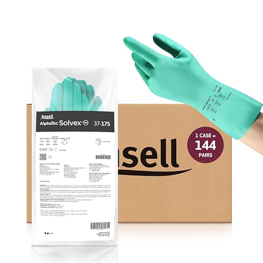 Ansell AlphaTec Solvex 37-175 Flocked Chemical-Resistant Gloves for Cleaning, Agriculture, Food, Oil - Medium (8), Green (144 Pairs)