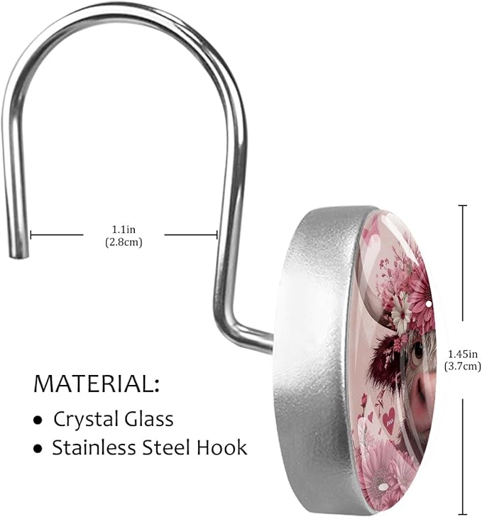 Highland Cows and Florals Rust Proof Shower Curtain Hooks 12Pcs for Bathroom Shower Rod, Decorative Shower Hooks Shower Curtain Hanger Rings Roller, Glass, Resin, Stainless Steel