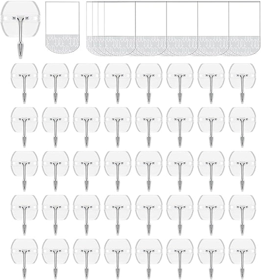40 Hooks-50 Removable Strips,Clear Small Wire Toggle Hooks Value Pack, Damage Free Hanging Wall Hooks with Adhesive Strips, Removes Cleanly, No Tools Utility Hooks for Hanging Decorations