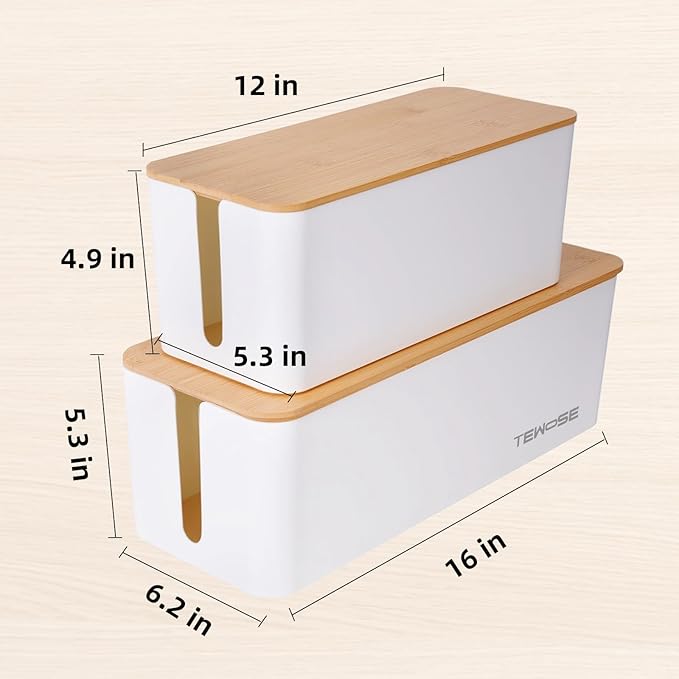 2 Pack Cable Management Box – Child and Pet-Proof Cord Organizer with Bamboo-Style Design, Large Capacity Cable Cover for Hiding TV Wires, Computer Cables, Power Strips,and USB Hubs, White
