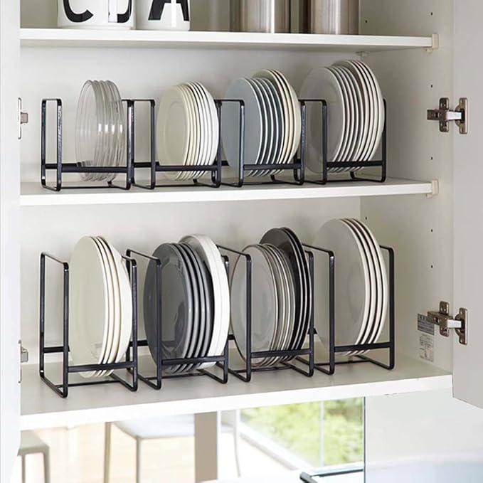 4PCS Plate Holders Organizer, Metal Dish Storage Dying Display Rack for Cabinet, Counter and Cupboard - Black， 2 Small and 2 Large