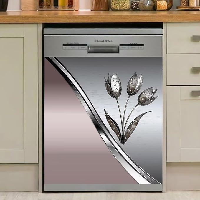 Metal Flower Magnet Dishwasher Cover,Floral Metal Texture Decal for Dishwasher Front Door,Pink Polishing Steel Kitchen Dishwsher Magnetic Sticker 23'' W x 26'' H