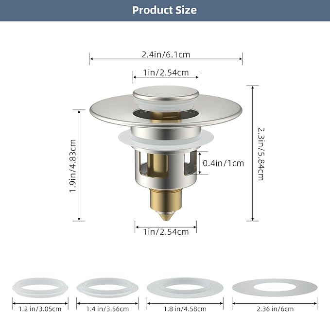 Hibbent 2 Pack All Metal Universal Bathroom Sink Stopper for 1.1''~2.3'' Basin, Pop Up Sink Drain Strainer, Brass Core Push Type Stopper, Stainless Steel Anti Clogging Drain Filter, Brushed Nickel