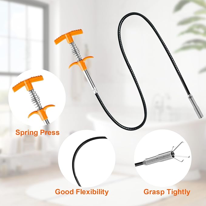 Drain Snake, Drain Clog Remover - Gutter Cleaning Tools Drain Cleaner for Toilet Sewer Shower Kitchen Bathroom Tub Clogged Drains Opener Cleaning Tool, Flexible Grabber Claw Pick Up Reacher (63 inch)