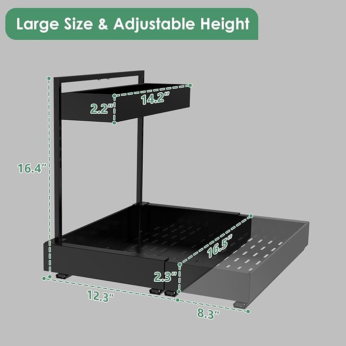 Expandable Under Sink Organizer, 2-Tier Under Cabinet Organizer, Height Adjustable Pull Out Rack for Kitchen Bathroom Laundry, Black, 2 Pack
