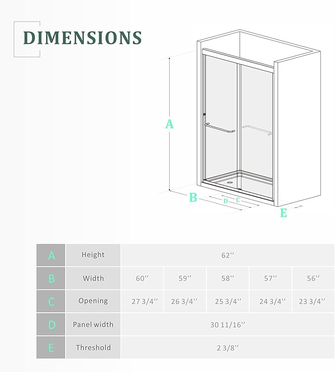 Sliding Bathtub Shower Glass Door 56-60" Width x 62" Height with 1/4"(6mm) Clear Tempered Glass,Chrome Stainless Steel Hardware Double Handles Bypass Glass Tub Doors
